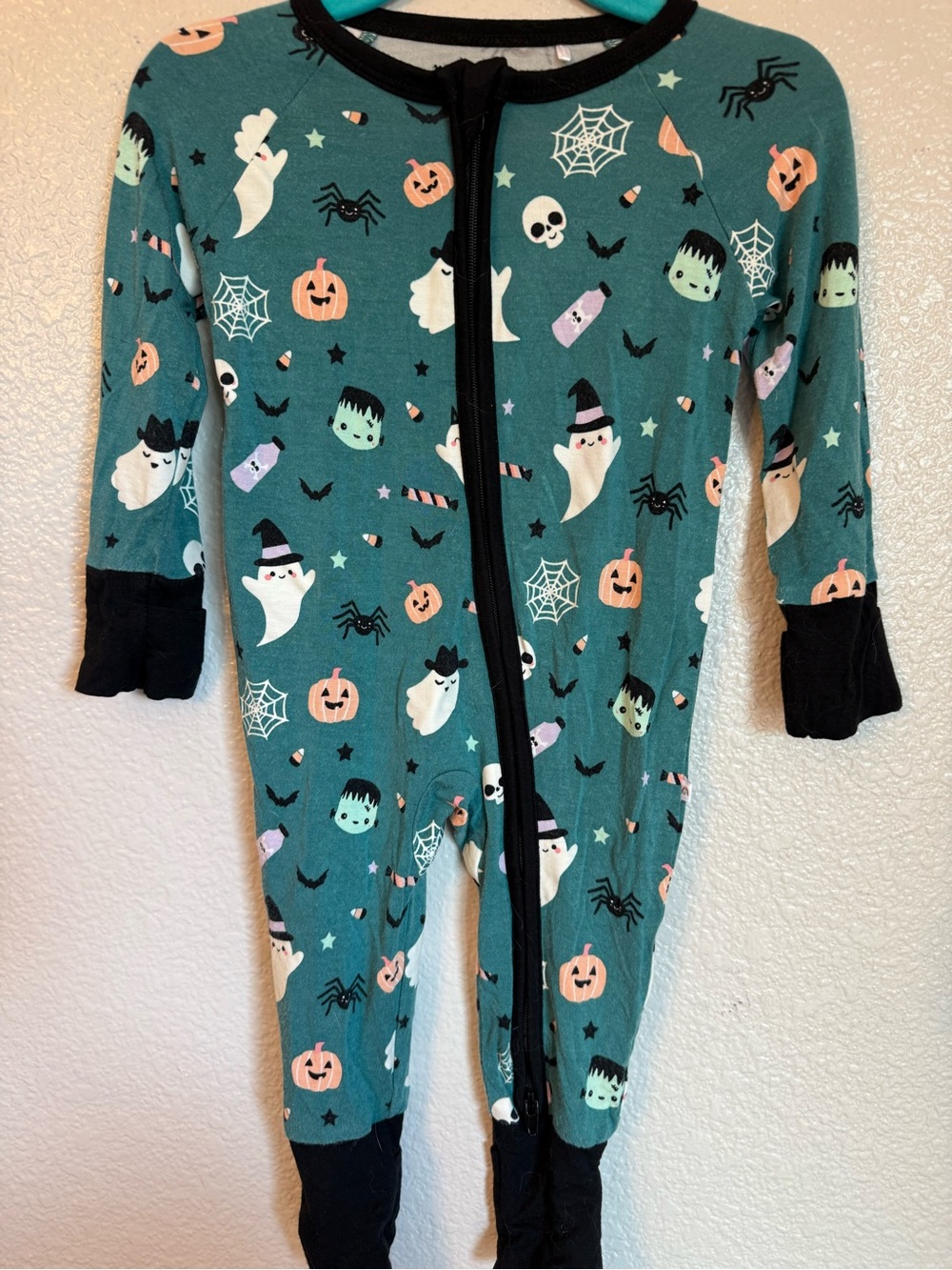 Toddler Teal Halloween Ghost & Pumpkin Footed One-Piece Pajamas